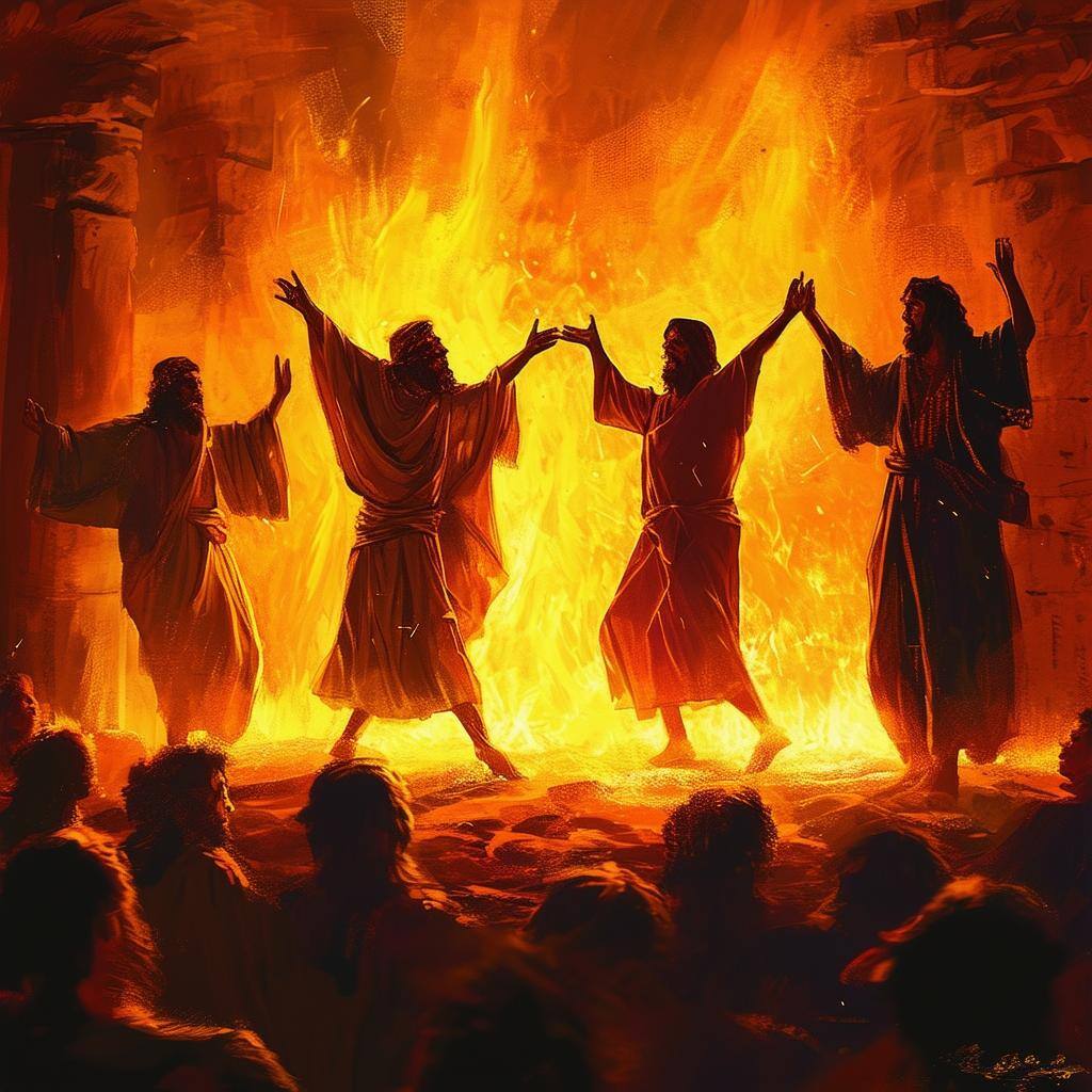 Shadrach, Meshach and Abednego in the furnace dancing with Jesus